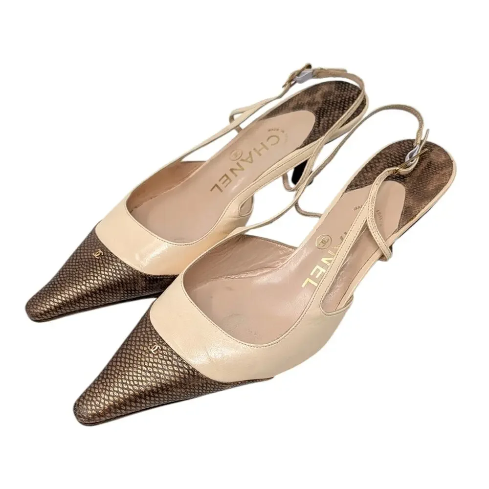 Chanel Vintage Pointed Toe Slingback Kitten Heel Beige Brown CC Logo 36.5 | 6